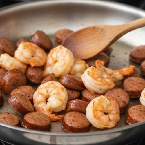 Step 4: Adding the Sausage and Shrimp